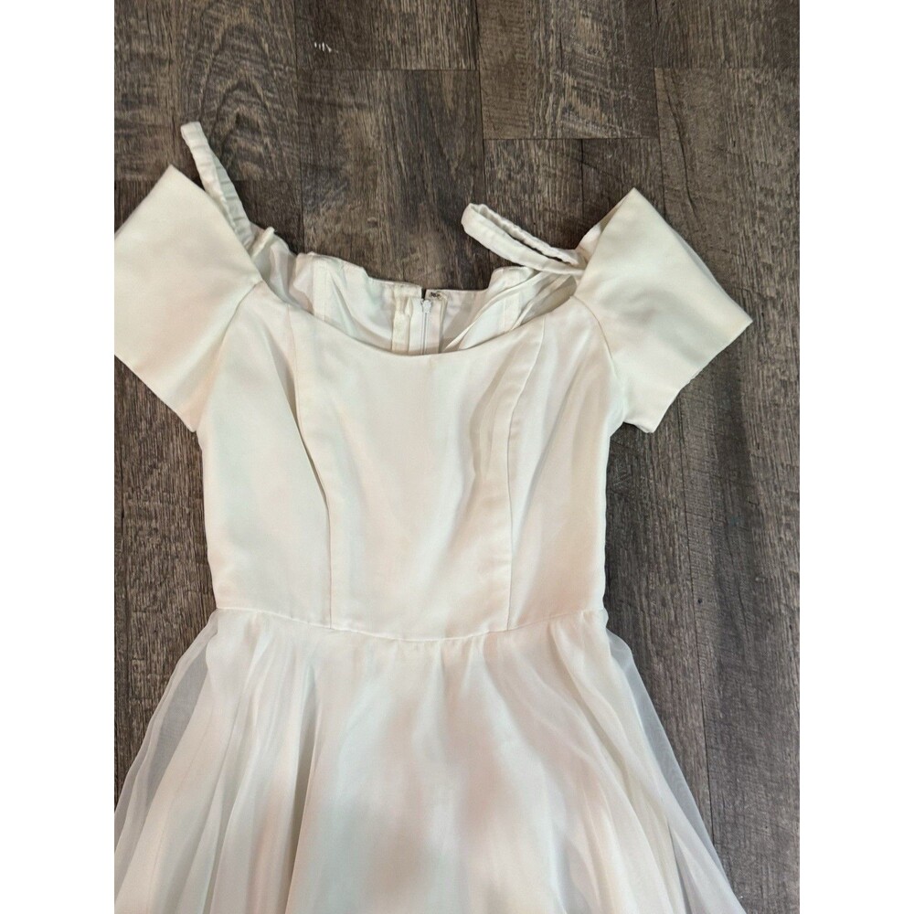 Vintage 70s White Organza Off Shoulder Tea Length Wedding Dress Talon Zip